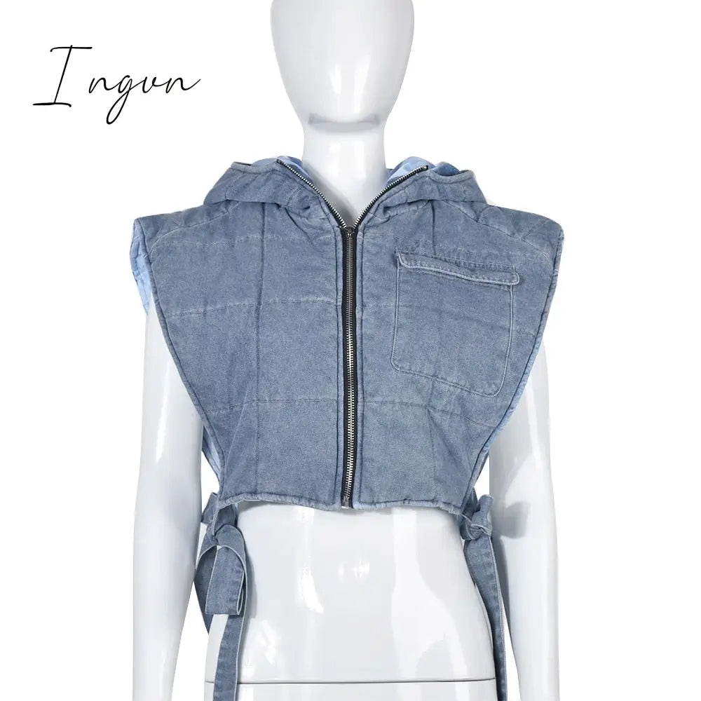 Ingvn - Winter Sleeveless Side Lace Up Vest Jacket Zipper Denim Hoodies Streetwear Women Clothing Fashion Outwear Crop Top