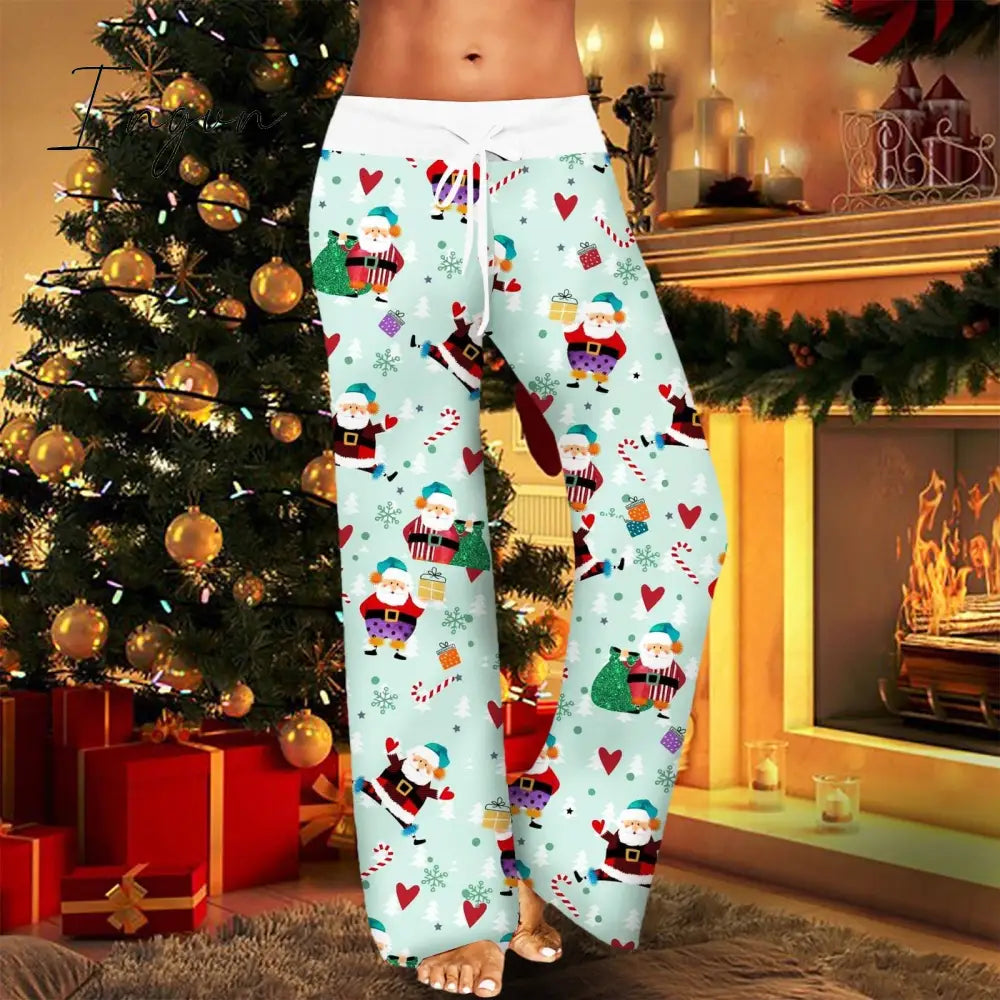 Ingvn - Womens Christmas Pants Cartoon Santa Claus Print Pants Wide Leg Pants Pull Rope Elastic Drawstrings Sweatpants Straight Trousers