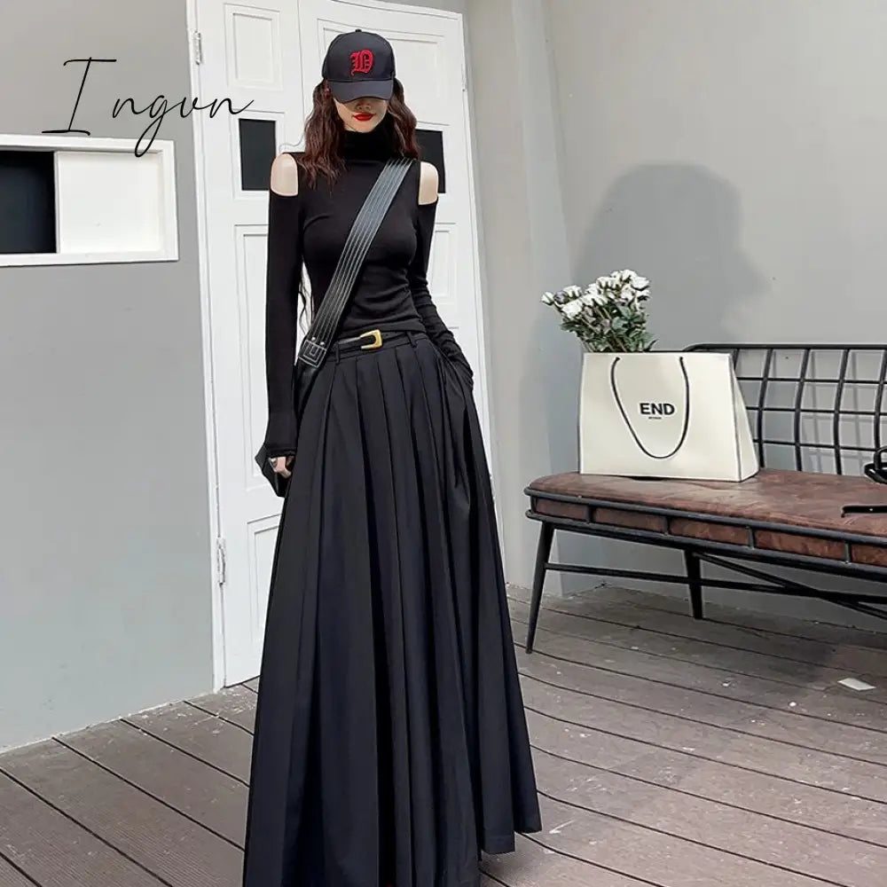 Ingvn - Women Skirts Spring Pleated Floor Length Solid Simple Classic Graceful Popular Newly Young Stylish Cool Korean Style Hot Sale