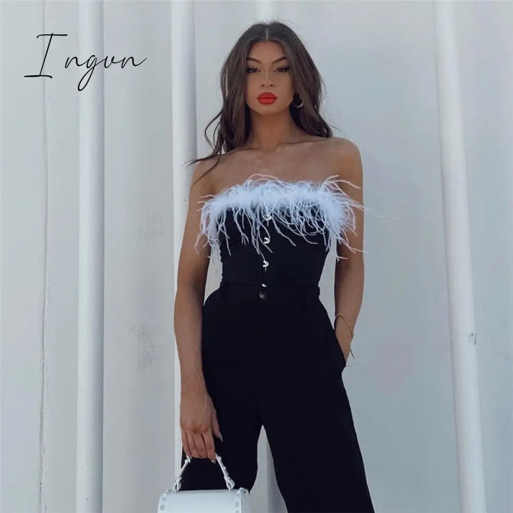 Ingvn - Tank Tops Tube Women Feather Corset Crop Top Girls White Black Off Shoulder Cami Tee Shirt Party Club Sleeveless Sexy