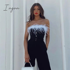 Ingvn - Tank Tops Tube Women Feather Corset Crop Top Girls White Black Off Shoulder Cami Tee Shirt Party Club Sleeveless Sexy