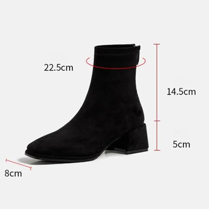 Ankle Boots for Women Spring Autumn Gray Black Women's Shoes Chunky Middle Heel Suede Short Botas Square Toe Back Zip Botines