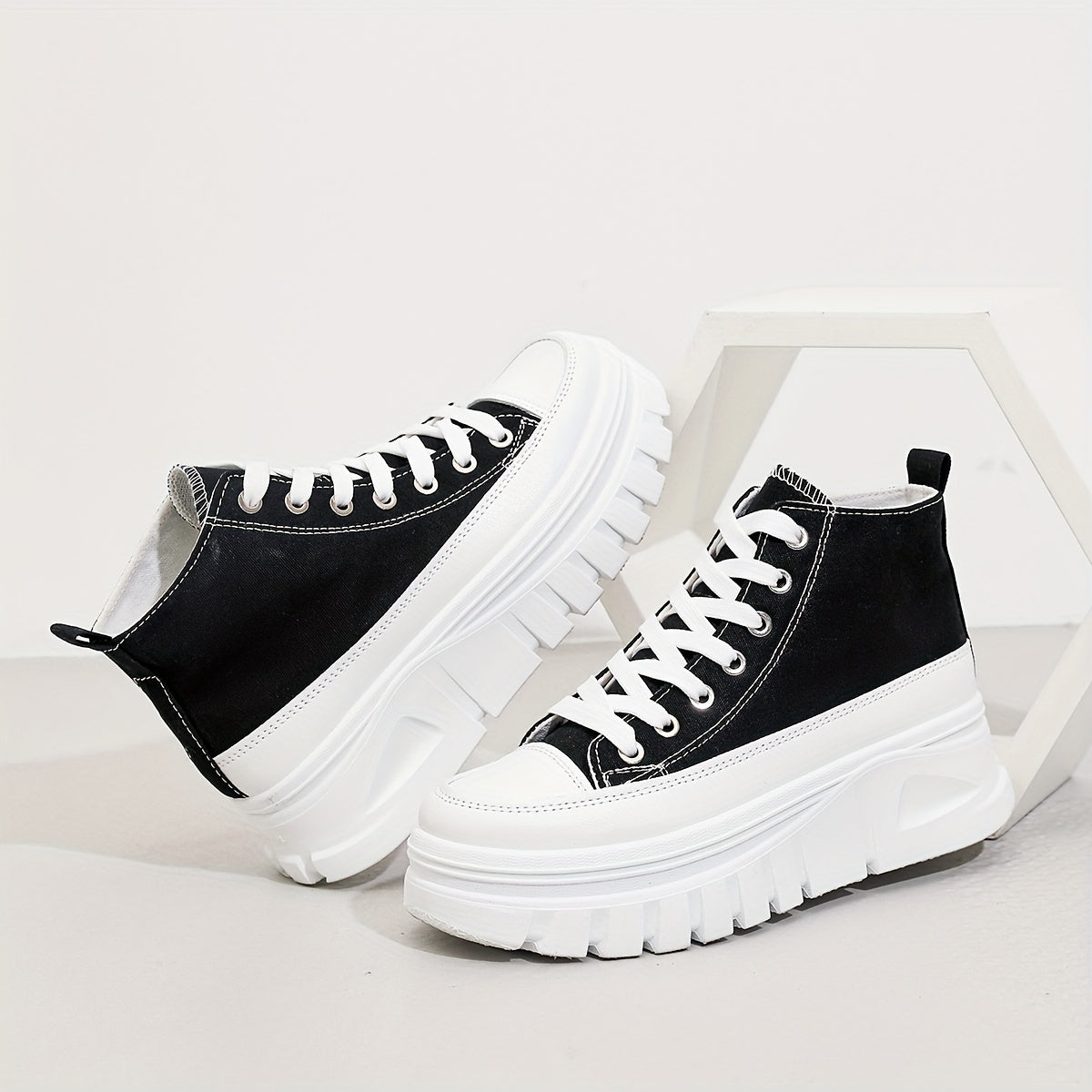 High-top Heightening Women's Canvas Solid Color Casual Sneakers, Lace Up Platform Soft Sole Walking Skate Shoes