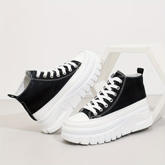 High-top Heightening Women's Canvas Solid Color Casual Sneakers, Lace Up Platform Soft Sole Walking Skate Shoes