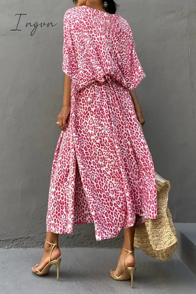 Ingvn - Vintage Vacation Print Leopard Slit Swimwears Cover Up