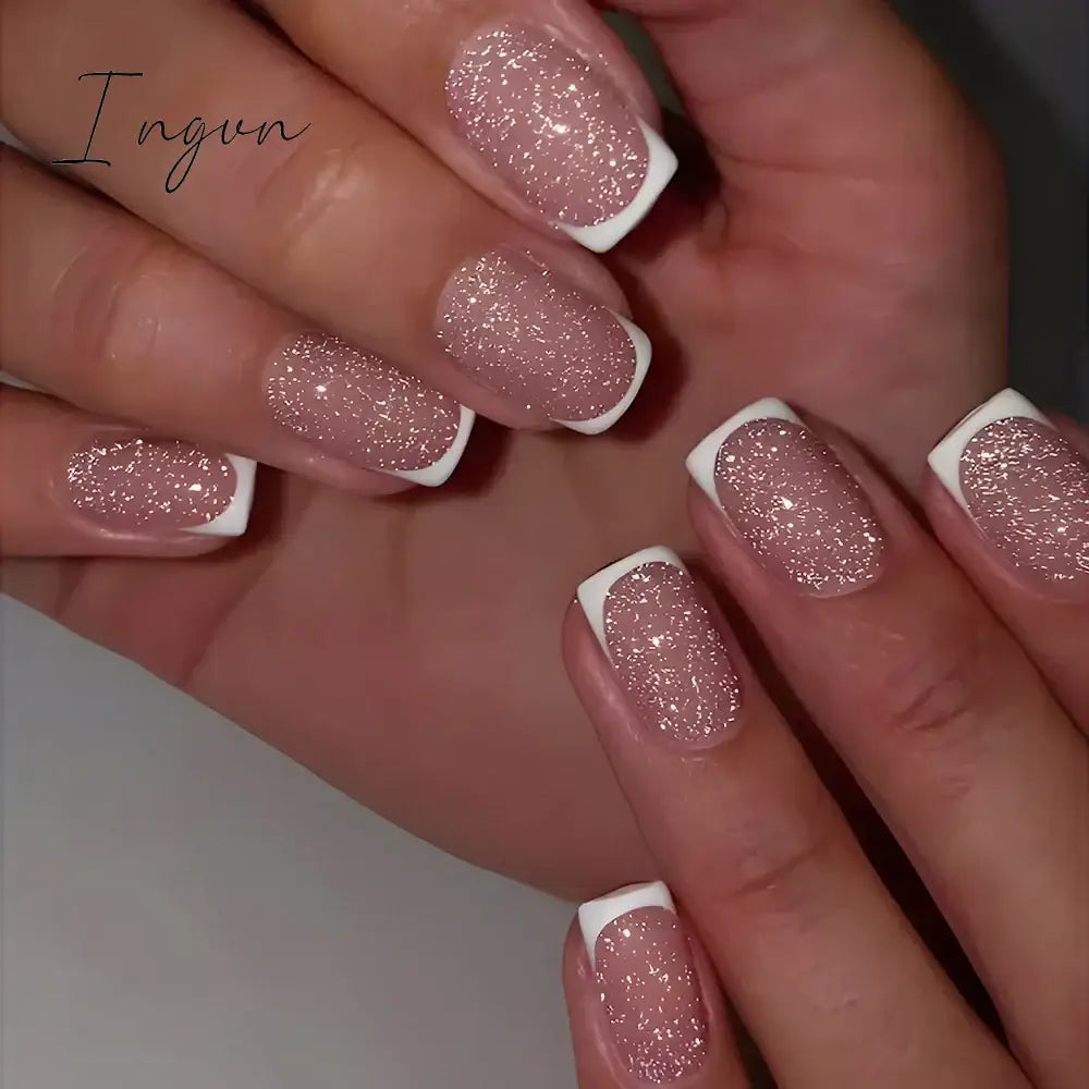 24Pcs French Tip  Press on Nails Short Coffin False Nails Simple Wearable Fake Nails Frosted Full Cover Press on Nail Tips Art
