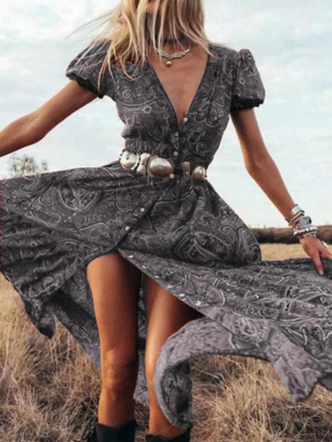 Full Size Printed Puff Sleeve Maxi Dress Plus Size