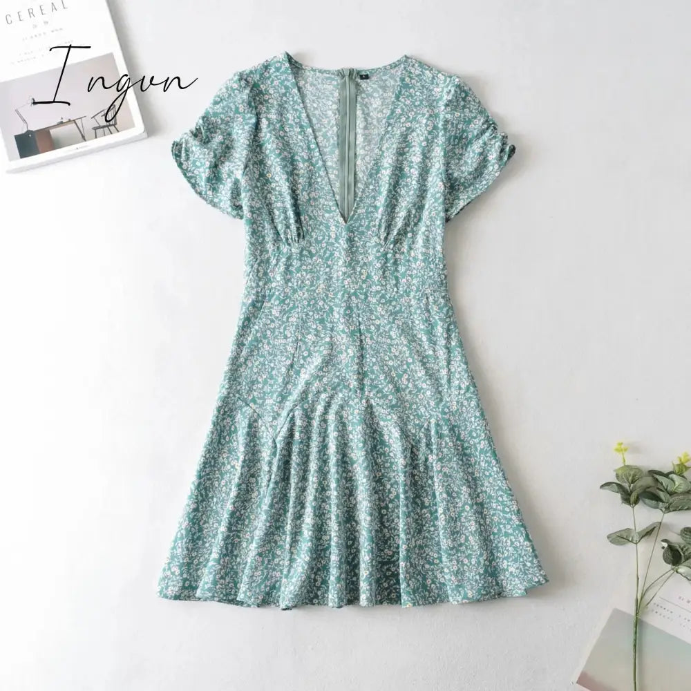 Ingvn - Fashion Foridol Blue Floral Print Summer Beach Dress Women Casual Holiday Short Sleeve Dress Boho Sundress Vestidos Fashion Clothes