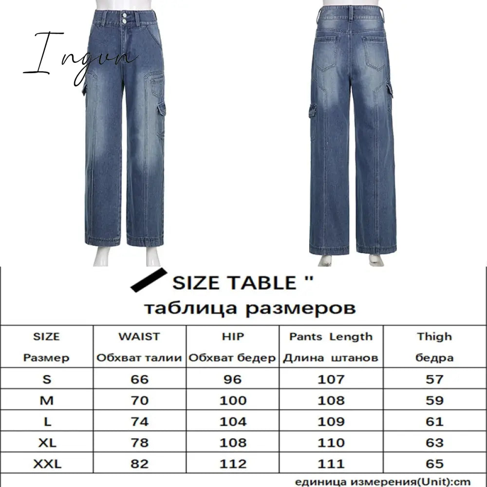 Ingvn - Womens Fashion Trends Pockets Patchwork Baggy Jeans Fashion Streetwear 100% Cotton Women Denim Trouser Loose Cargo Pants Korean Jeans Harajuku