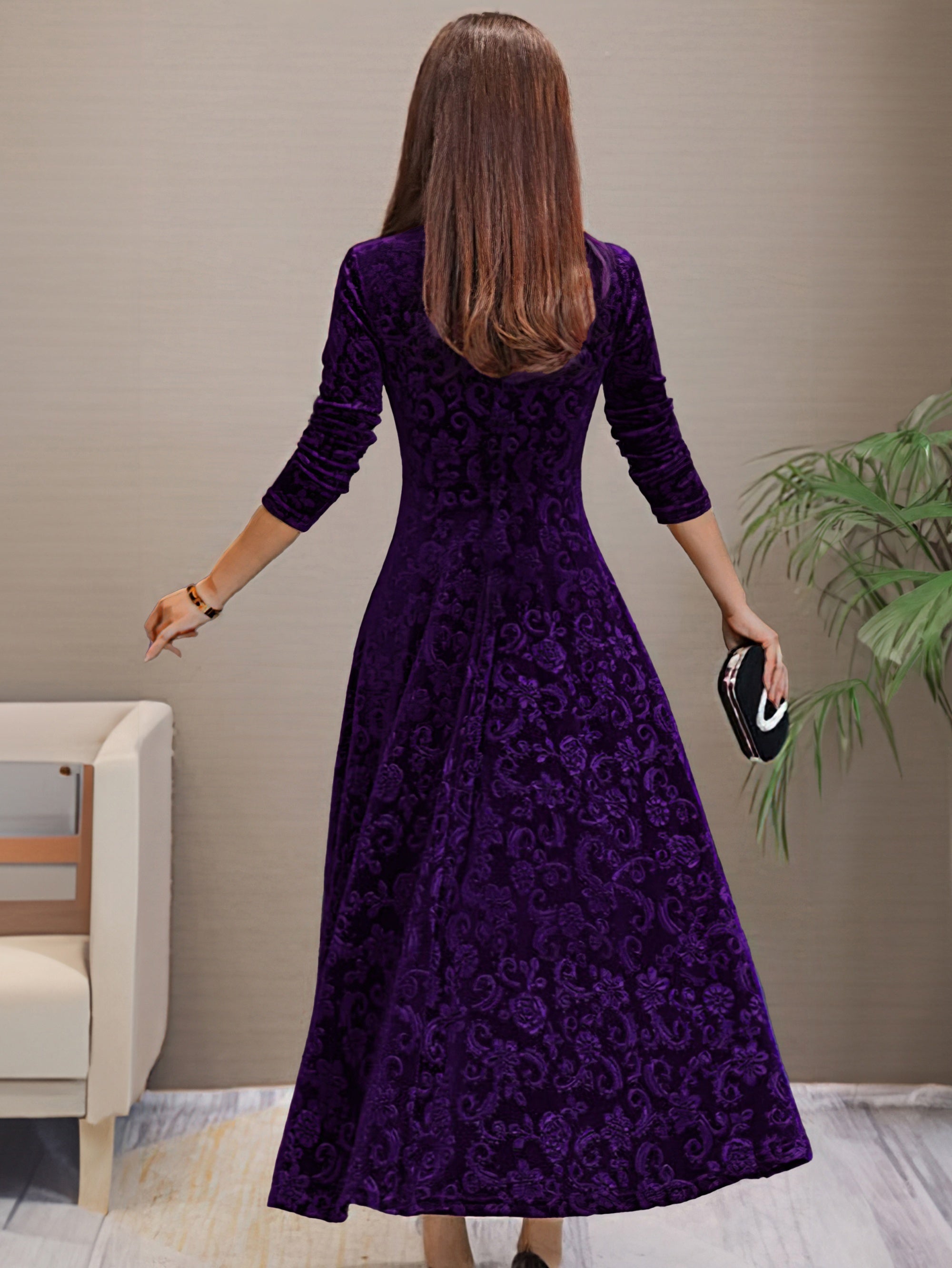 Vibrant Polyester Long Sleeve V-Neck Flared Dress - Elegant, High-Elasticity, Random Print, Machine Washable, All-Season Apparel for Women - Perfect for Spring and Fall Occasions