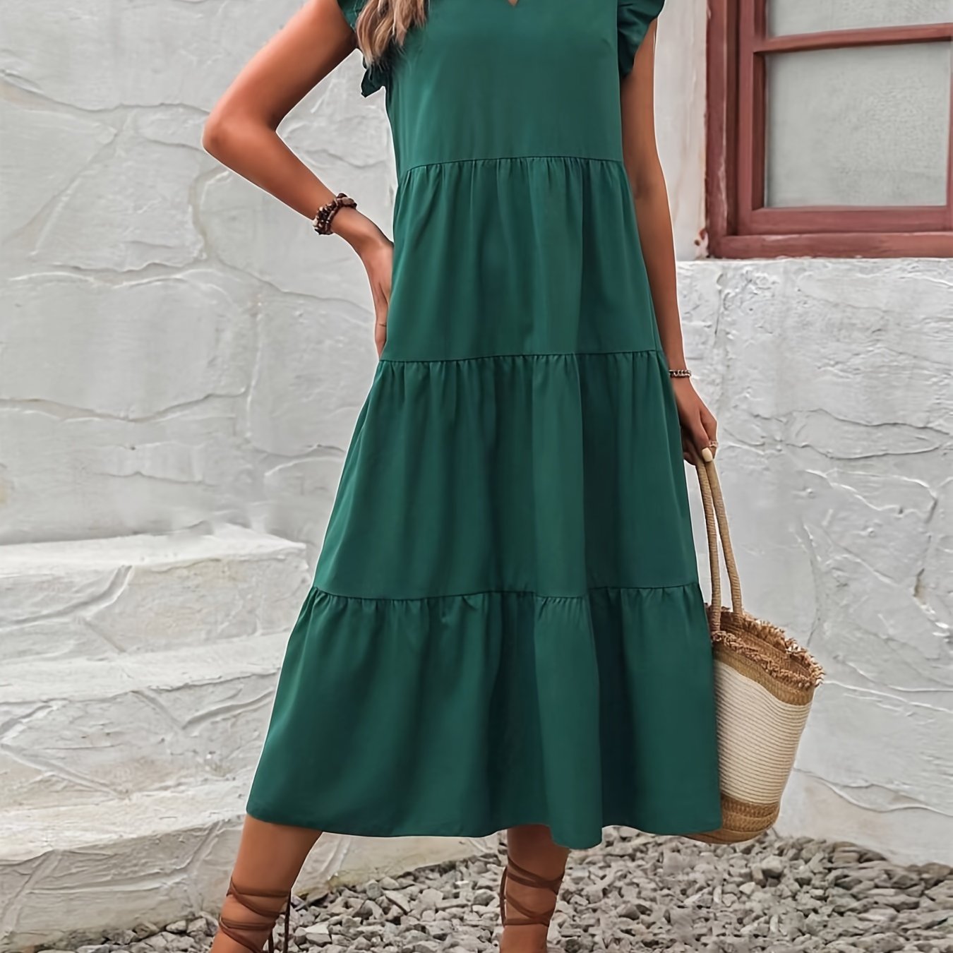 Elegant Ruffle Hem Dress - Flowy V Neck, Ruffled Sleeves, Loose Fit, Spring & Summer Essential, Women's Clothing for Elegant Dressing and Special Occasions