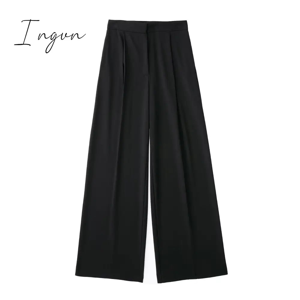 Ingvn - Women Fashion Solid High Waist Wide Leg Pants Suit Female Casual Front Zipper With Pockets Ladies Loose Long Trousers