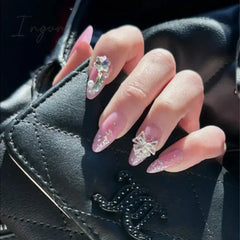 24PCS/Set Long Oval False Nails 3D Heart Sparkling French Press On Nails Pink Full Cover Fake Nail Crystal Gem Design Nails Tips