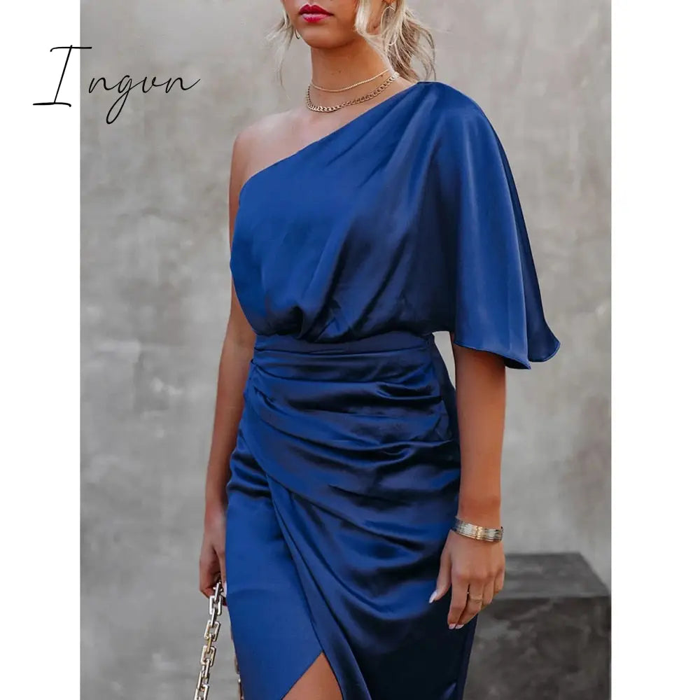 Ingvn - Sexy Party Satin Silk Autumn Winter Dress For Women Short Sleeve One Shoulder High Split Bandage Long Dresses Summer New