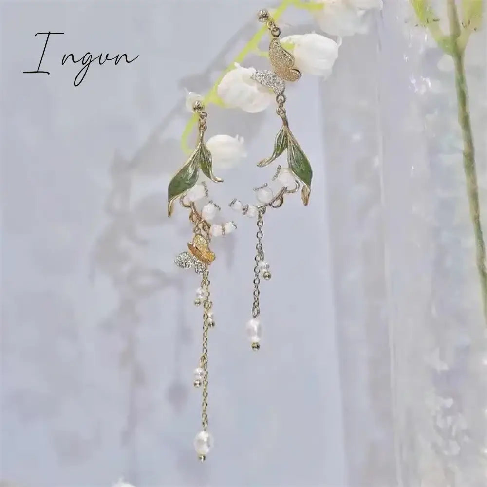 New Korean Flower Asymmetrical Dangle Earrings for Women Long Tassel Butterfly Imitation Pearl Cat Drop Earring Party Jewelry
