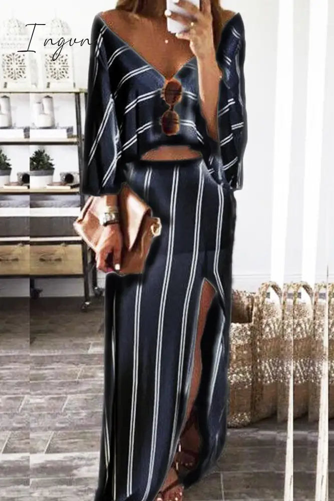 Ingvn - Fashion Striped High Opening V Neck Long Sleeve Two Pieces