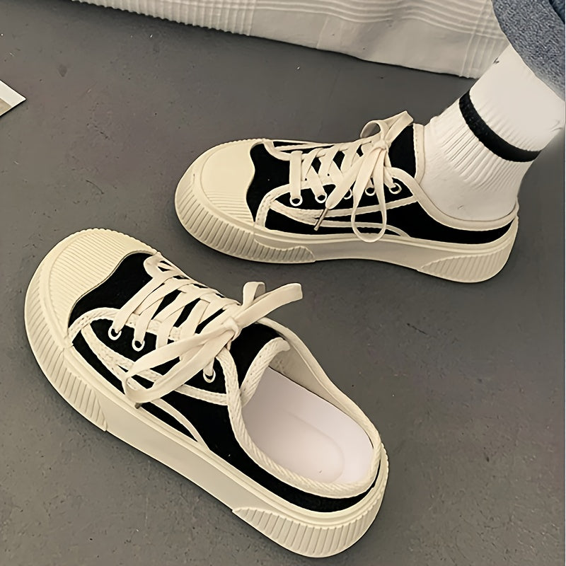 Women's Flatform Mule Sneakers, Casual Round Toe Slip On Backless Skate Shoes, All-Match Preppy Student Walking Shoes
