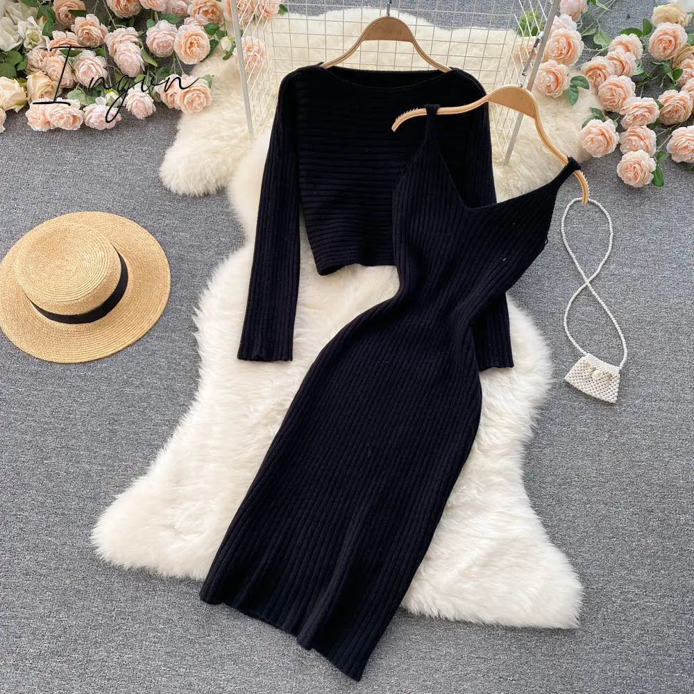Ingvn - Women Elegant Slim Two Piece Sets Female Sweater Dress Autumn Winter High Waist Knitted Ensemble Femme Medium Long Party Dresses