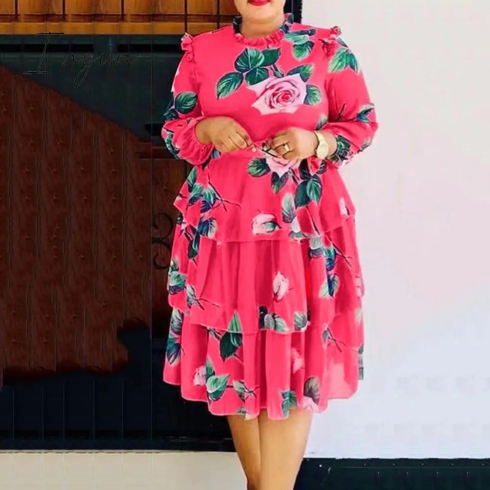 Ingvn - Office Ladies Work Wear Bow Collar Print A-Line Color Block Dress Casual Fit And Flare Pleated Dress Summer Women Fashion