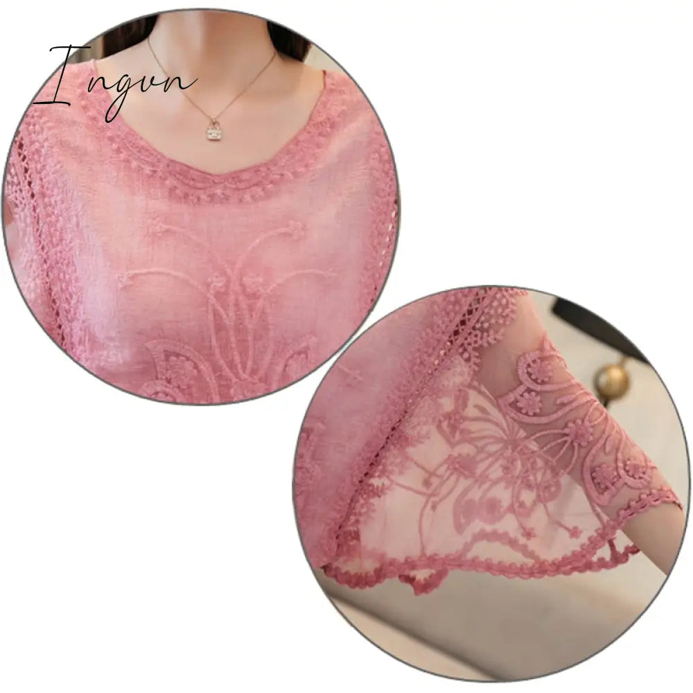 Ingvn - Spring Outfits 2023 Trends Summer Top Fashion Womens Tops and Blouses Ladies Tops Lace White Shirts Women Tops Blouse for Women Solid Hollow Out Sweet 4073