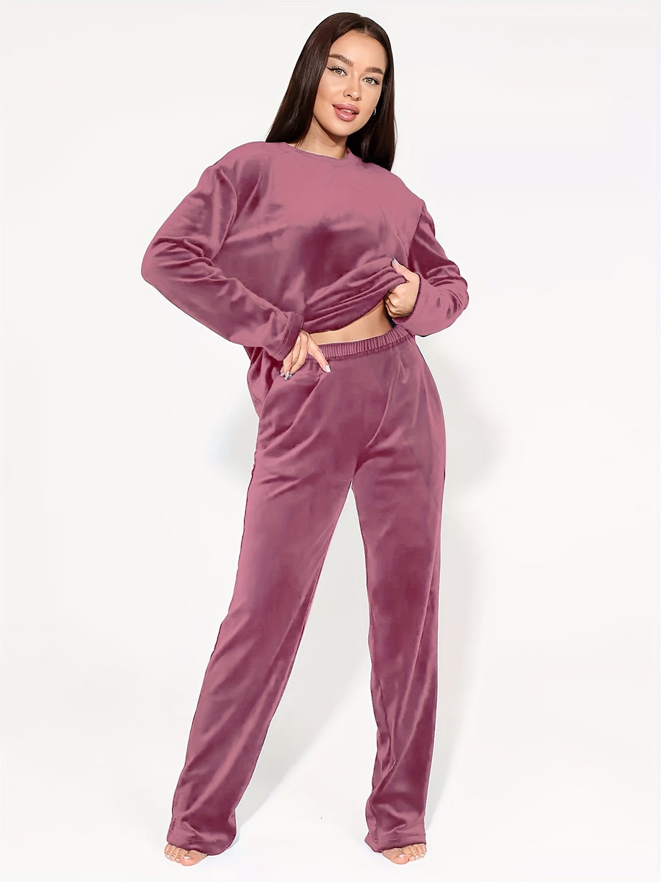 Plus Size 2 Piece Set Women's Elegant Lounge Set, Solid Warm Velvet Long Sleeve Top & Pants for Fall & Winter Home Wear