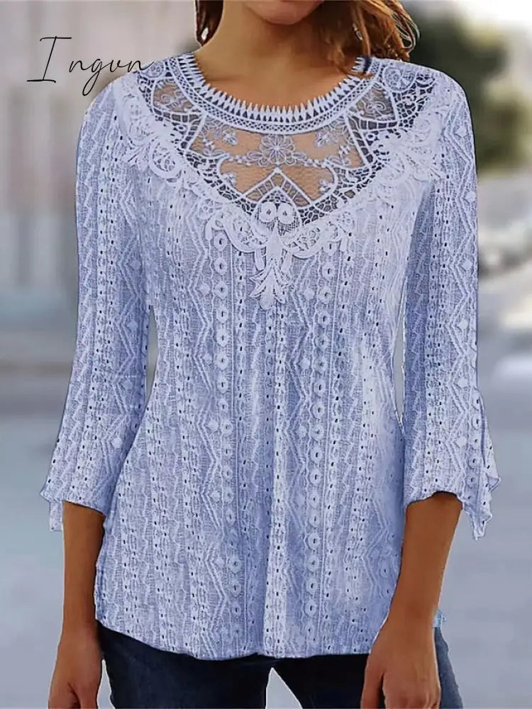 Ingvn - Women's Shirt Blouse Black White Pink Plain Lace 3/4 Length Sleeve Casual Basic Round Neck Regular S