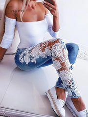 Ingvn - Plus Size 3XL Lace Floral Crochet Hollow-Out Jeans Autumn Women Elegant Sexy Denim Pencil