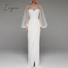Ingvn - Evening Dress Long Puff Sleeve White Gray Formal Dress Split Fork O-neck Party Prom Dress High-Waist Elegant Robe De Soriee