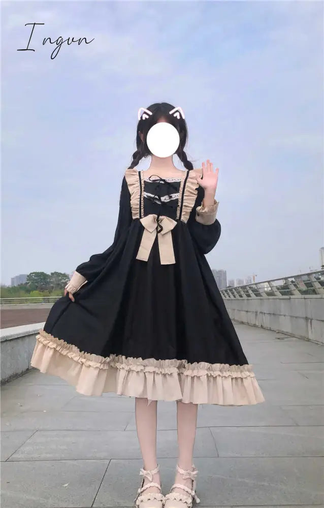 Ingvn - Japanese Harajuku Gothic Bandage Bow Splice Dress Sweet Lolita Girl Cosplay Dress Kawaii Ruffles Bow Women Party Dress