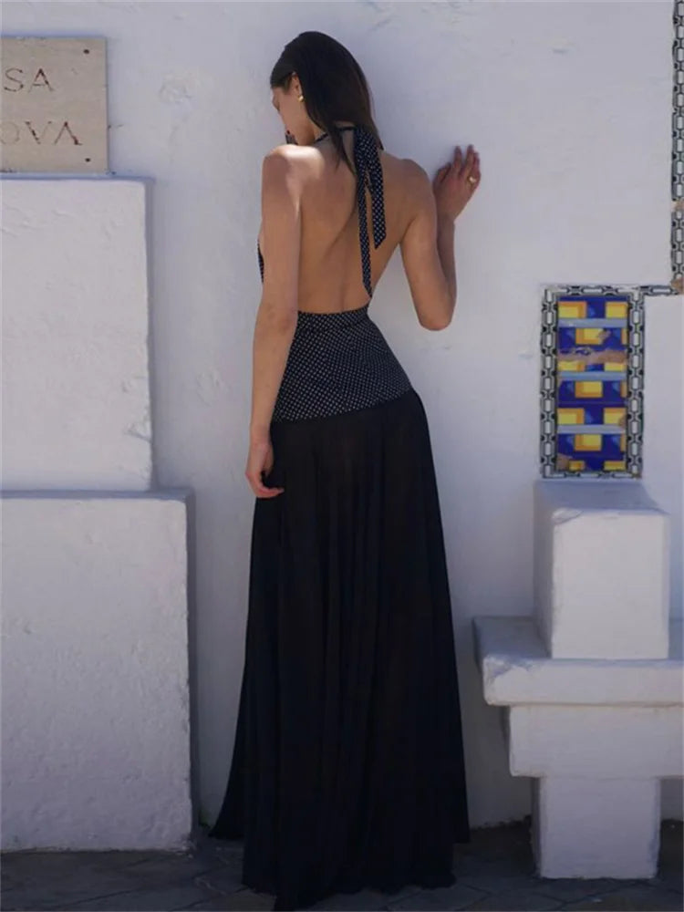 V-Neck Summer Fashion Maxi Dress For Women Contrast Patchwork See-Through Elegant Dress Slim Backless Lace-Up Long Dress