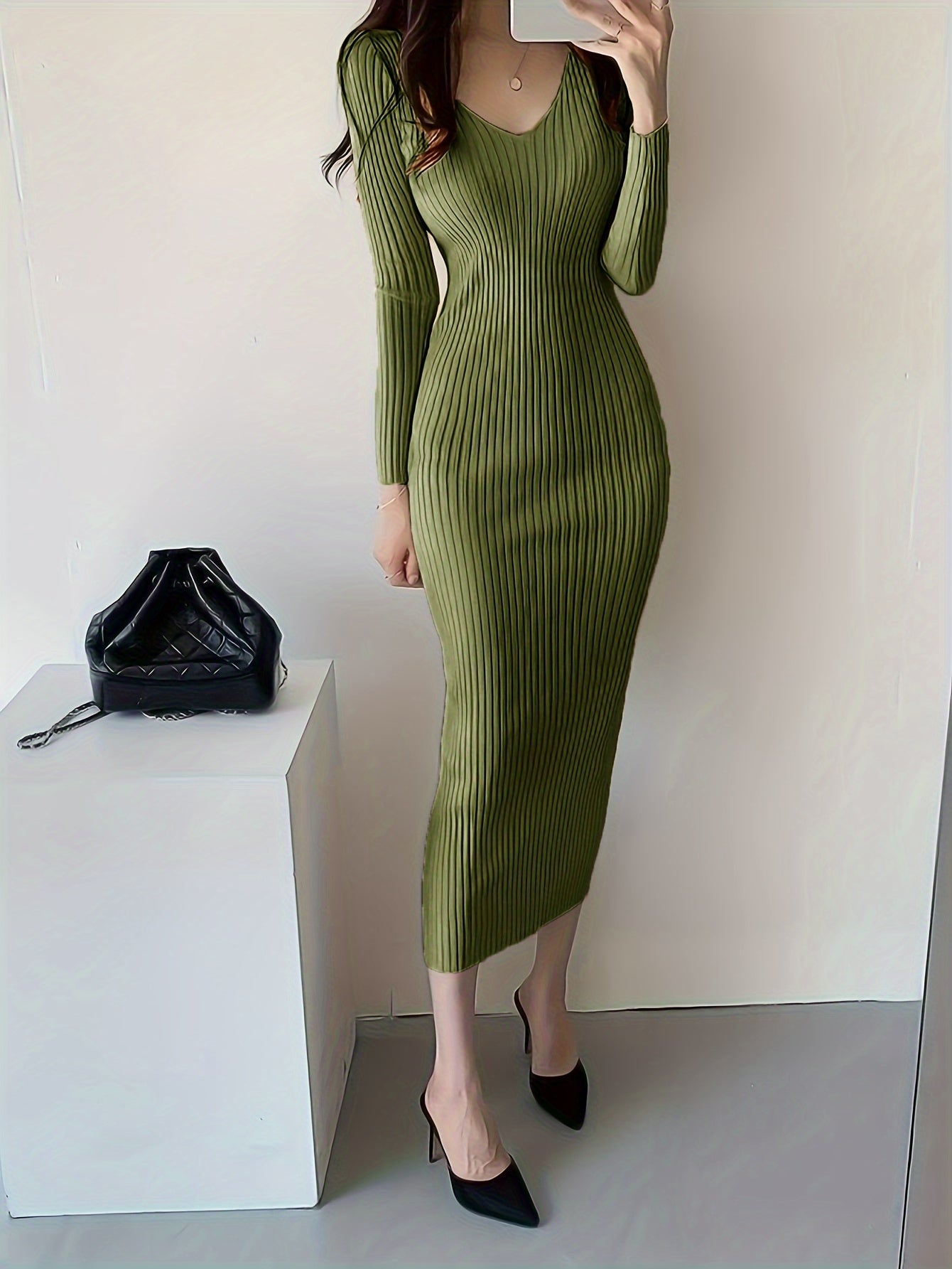 Solid Color Ribbed Long Sleeve Dress, Casual Knitted V Neck Dress For Spring & Fall, Women's Clothing