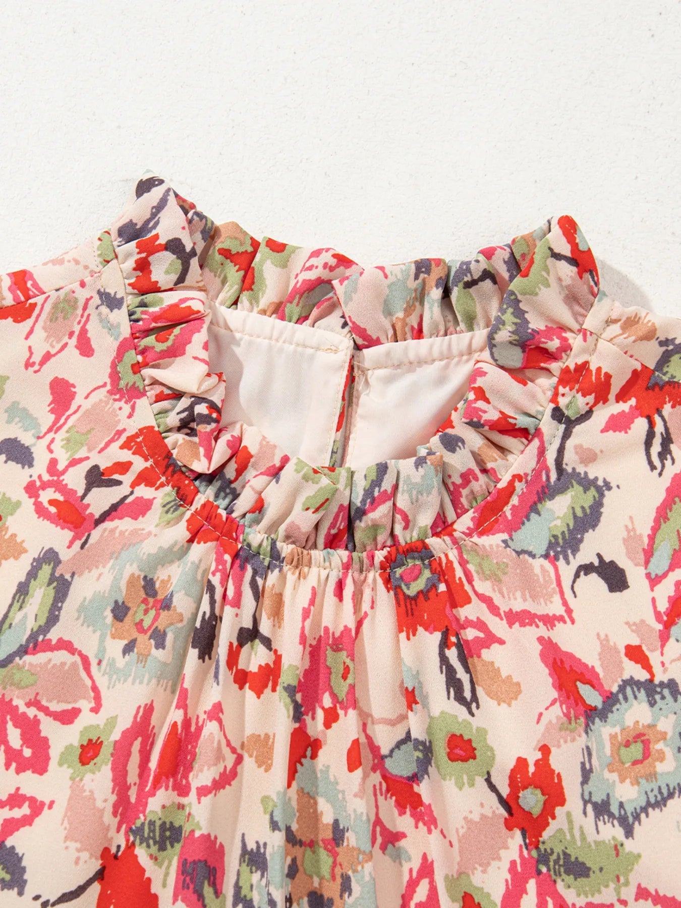 Floral Print Frilled Neck Puff Sleeve High Waist Dress