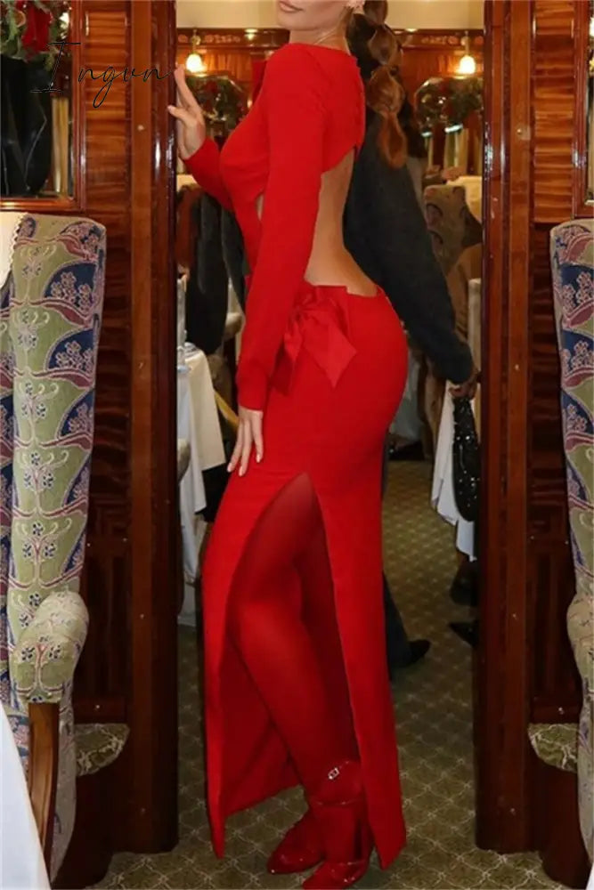 Ingvn - Sexy Solid Hollowed Out Slit With Bow O Neck Long Dress Dresses