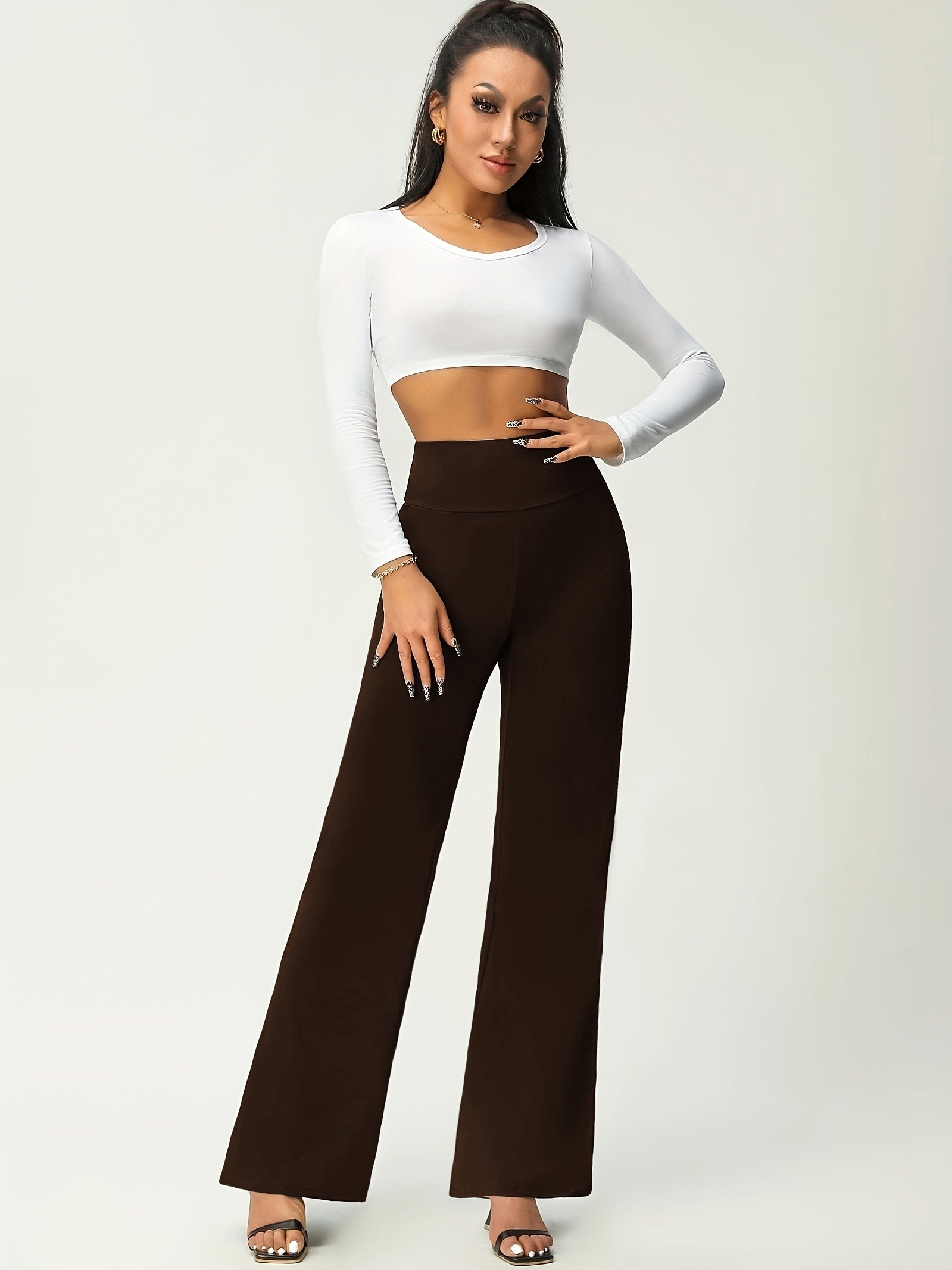 Women's Solid Flare Leg Pants, High Waist Stretchy Pants, Casual Every Day Pants, Women's Clothing