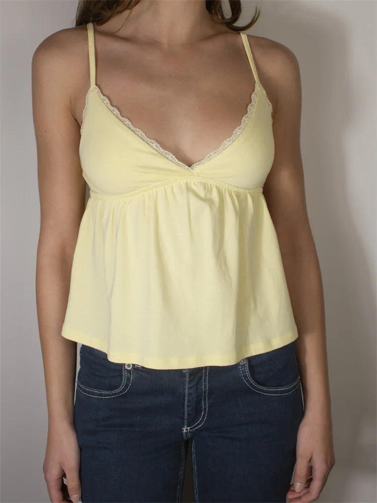 Women's Summer Babydoll Tops Sleeveless Spaghetti Strap Lace Trim Camisole Cami Tank Tops