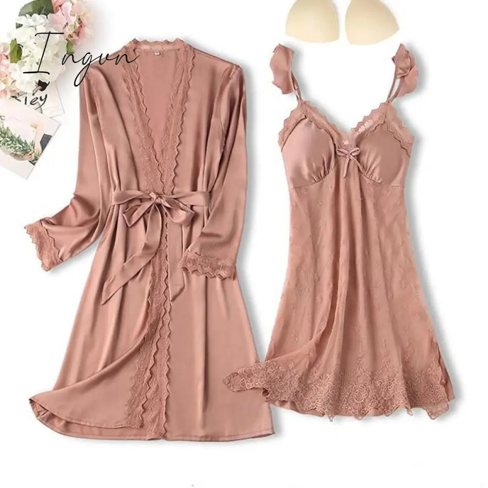 Ingvn - Lace Trim Sexy Wedding Lady Robe Suit Loose Satin Bride Bridesmaid Kimono Bathrobe Gown Mini Sleepwear Rayon Intimate Lingerie