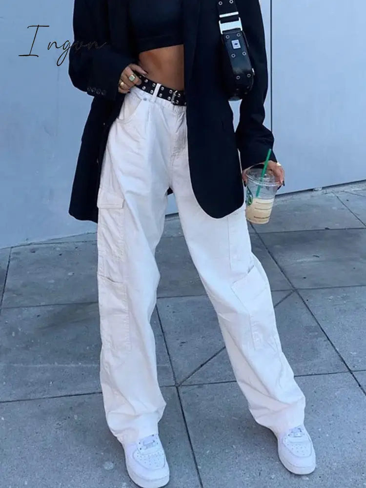 Ingvn - Fashion Streetwear Women Jeans Pocket High Waist Jeans Korean Casual Straight Harajuku Denim Pants Baggy New Cargo Pants