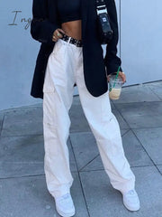 Ingvn - Fashion Streetwear Women Jeans Pocket High Waist Jeans Korean Casual Straight Harajuku Denim Pants Baggy New Cargo Pants