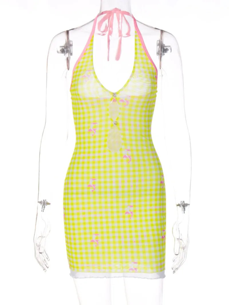 Ingvn  Autumn Halter Backless Print Yellow Mini Dress Streetwear Fashion Sexy V-neck Hollow Out Slim Sleeveless Party Club Dresses