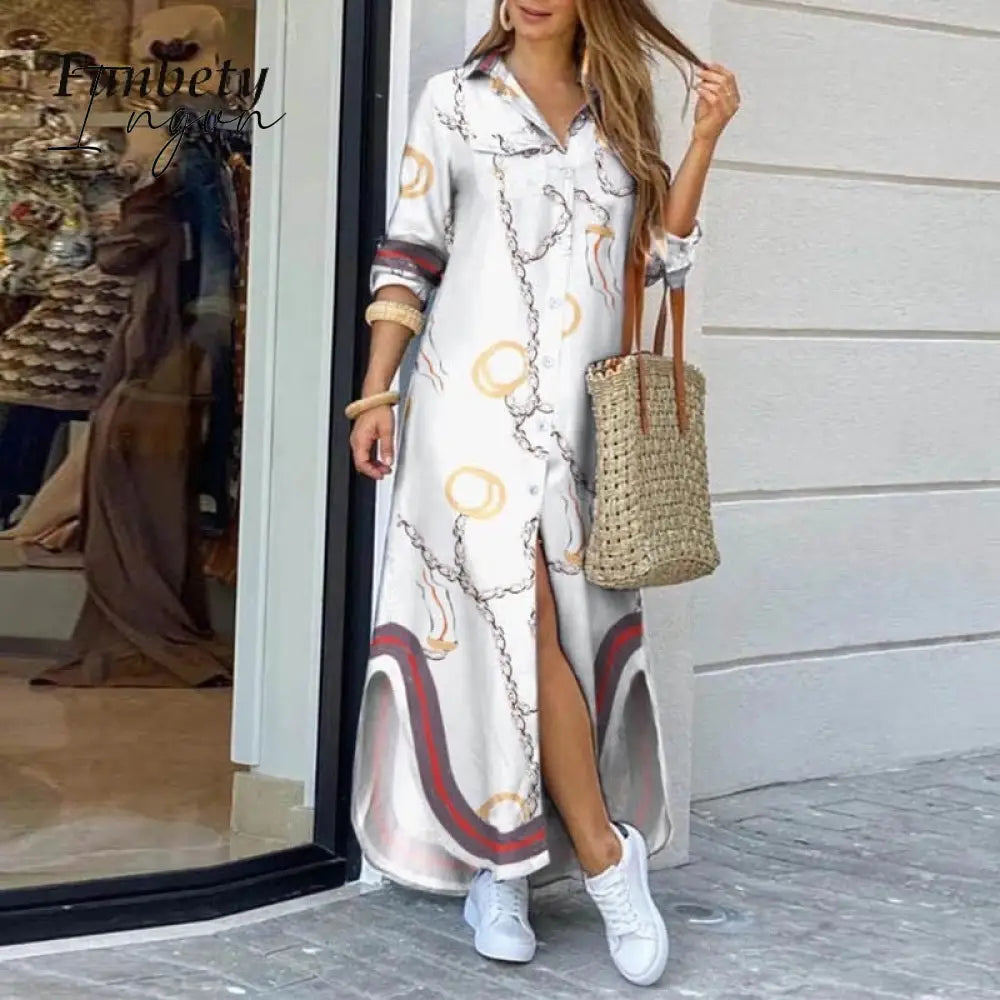 Ingvn - Fashion Women Long Sleeve Shirt Dress Autumn  Printed OL Long Dresses Laides Turn-down Collar Loose Sundress Party Dresses