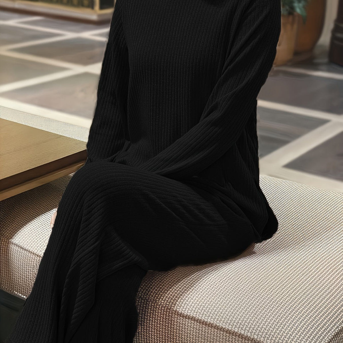 Plus Size Basic Lounge Set, Women's Plus Solid Long Sleeve Round Neck Ribbed Knit Split Top & Pants Home Wear 2 Piece Set