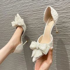 Ingvn  Luxury Pearl Crystal Bowtie White Wedding Shoes Women  Spring Brand Designer High Heels Pumps Woman Thin Heeled Party Shoes