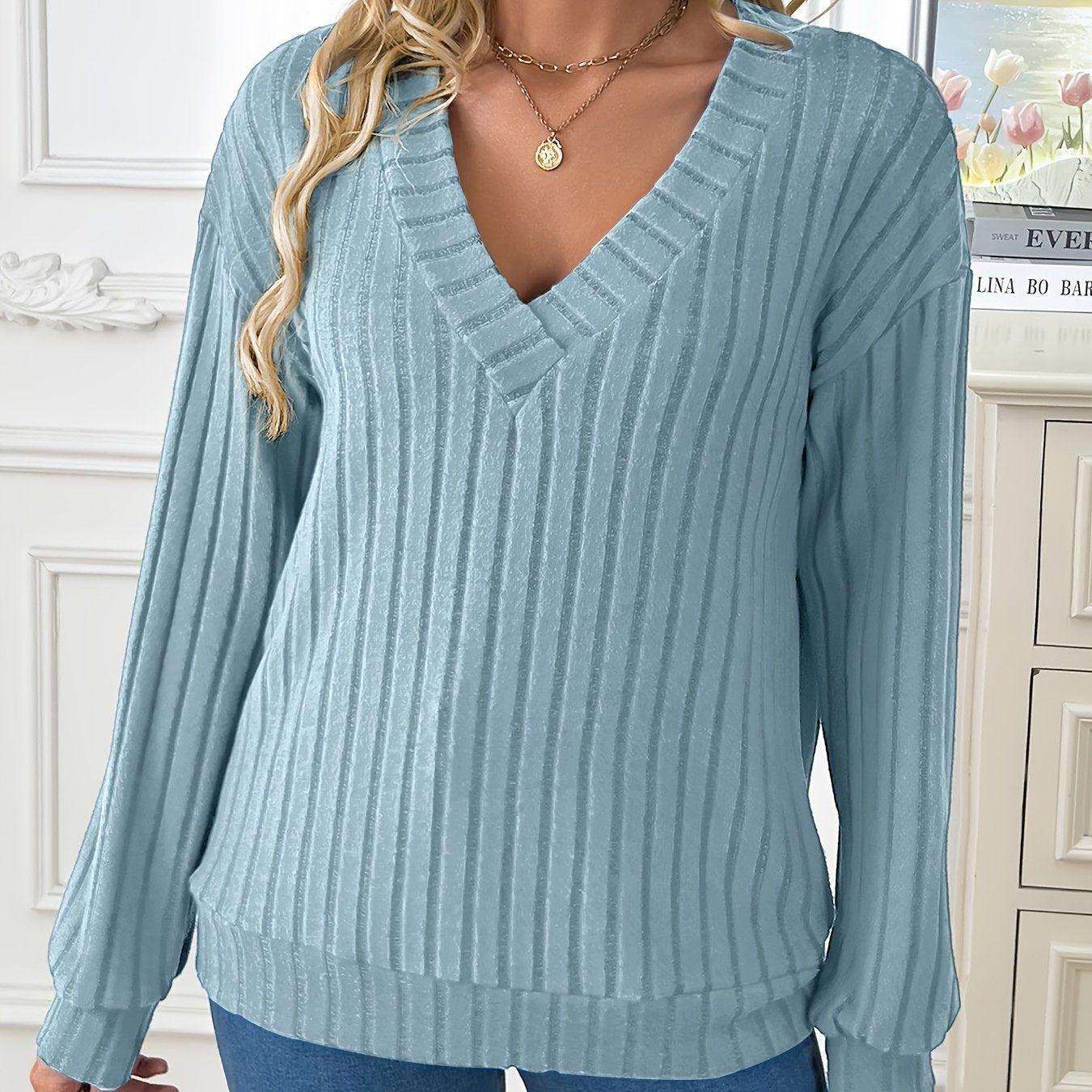 1pc Elegant Women'S V-Neck Ribbed Sweater - 100% Polyester Knit Fabric, Solid Color, Long Sleeve, Regular Length for Spring/Fall
