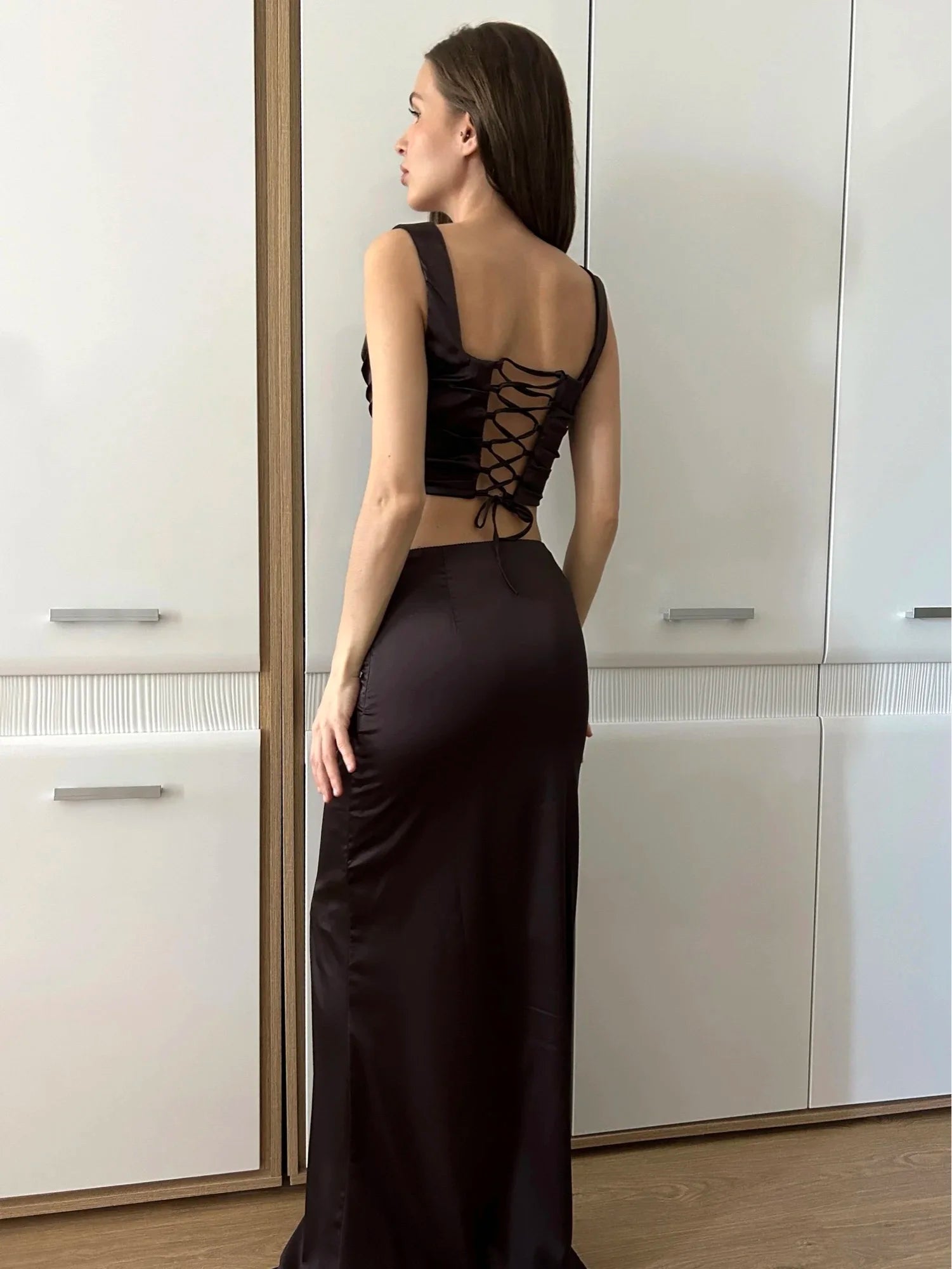 Wine Christmas Dress Women Satin 2 Piece Dress Set Elegant Bodycon Corset Cropped Top and Long Skirt Women Clothing