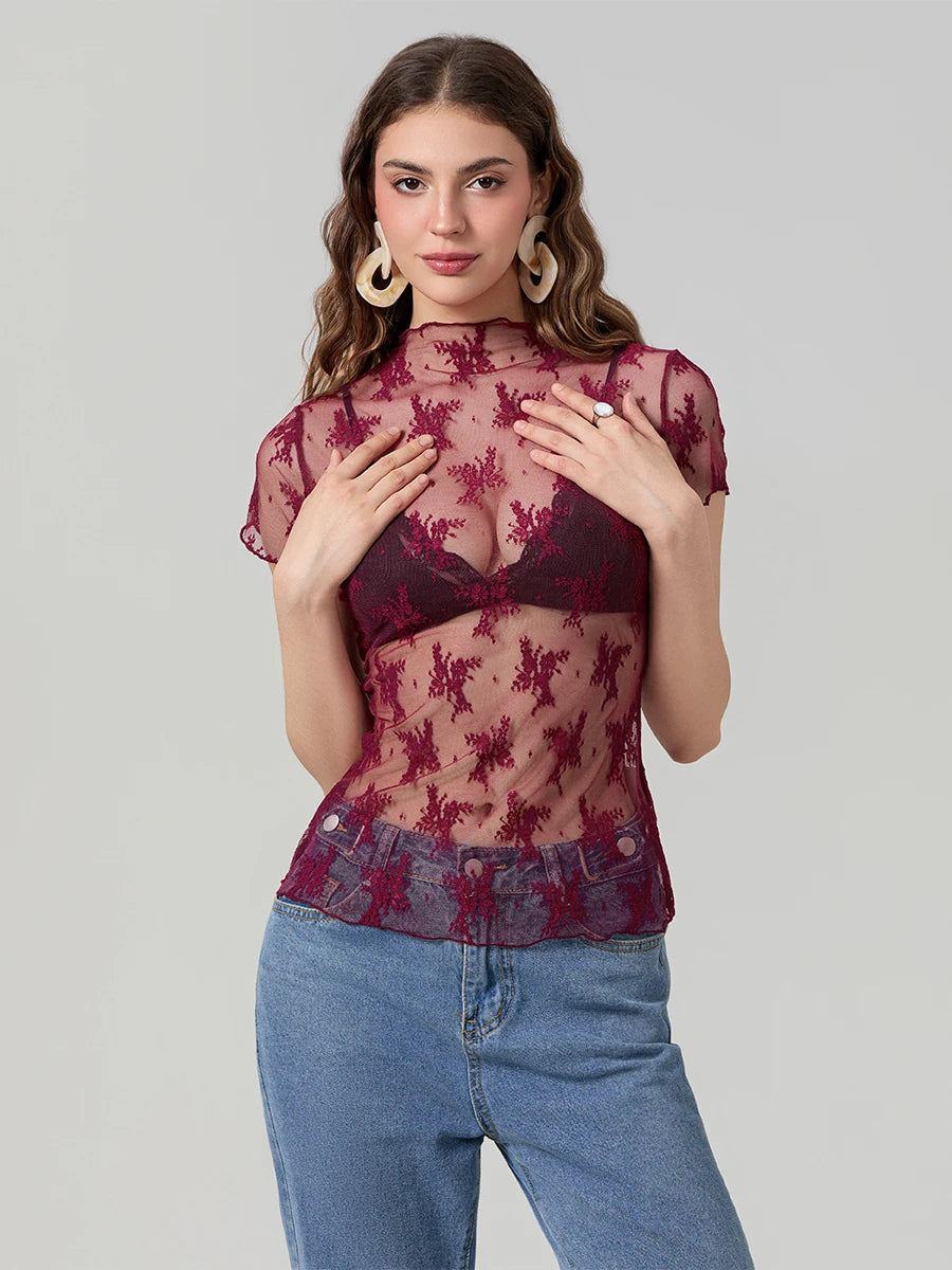 Women Lace Tops Short Sleeve Crew Neck See-through Sheer T-shirt Summer Casual Tee Shirts Clubwear