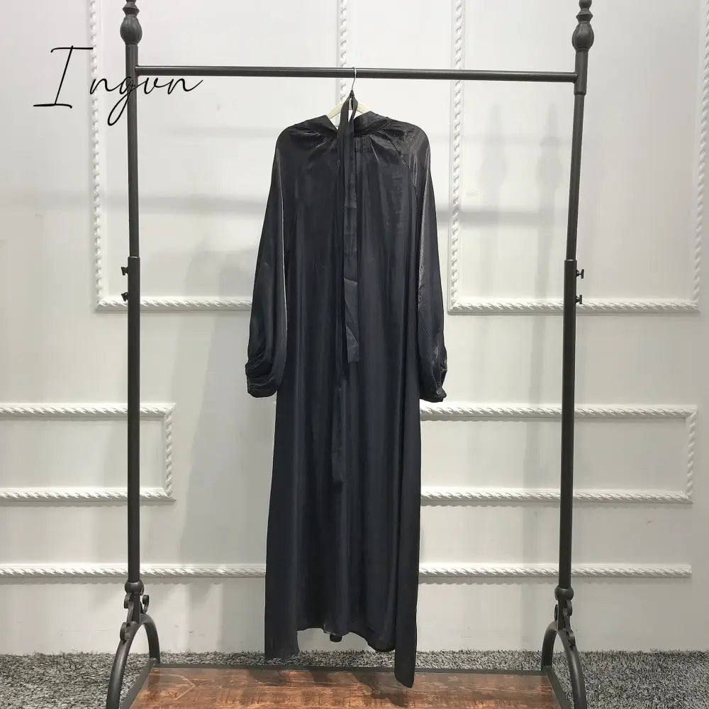 Ingvn - New Morocco Long Dress Muslim Women Flowers Printed Silky Long Abayas Robes Fancy Maxi Dress French Stylish Islamic Dress Belt