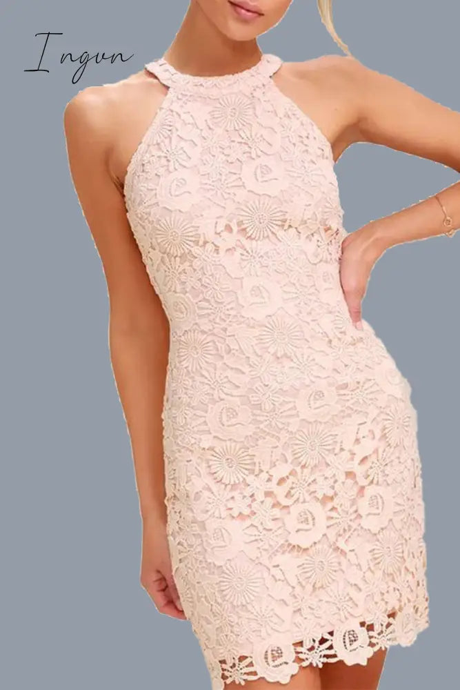 Ingvn - Sexy Solid Jacquard Lace Halter Wrapped Skirt Dresses