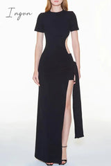 Ingvn - Sexy Solid High Opening Asymmetrical O Neck Irregular Dress Short Sleeve Dress