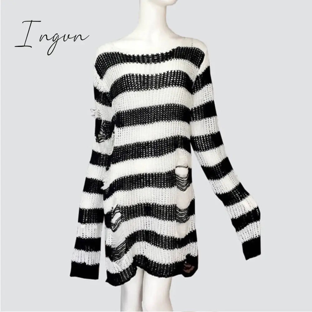 Ingvn - Plus Size Punk Gothic Long Unisex Sweater Dress Women Man Striped Cool Hollow Out Hole Broken Jumper Loose Rock Thin Sweter