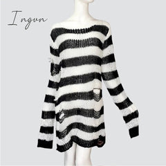 Ingvn - Plus Size Punk Gothic Long Unisex Sweater Dress Women Man Striped Cool Hollow Out Hole Broken Jumper Loose Rock Thin Sweter